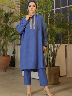 İndigo Düğmeli Dantel İşlemeli Salaş Keten Tunik
