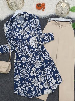 İndigo Düğmeli Desenli Viskon Tunik