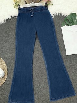 İndigo İspanyol Paça Bağcık Detaylı Kot Pantolon