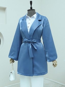 İndigo Kolları Volanlı Bağcıklı Saten Ceket