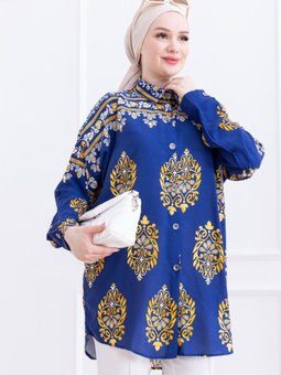 İndigo Oval Kesim Boydan Düğmeli Viskon Tunik