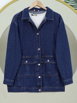 İndigo Serpme Taş Detaylı Kapaklı Cepli Kot Ceket