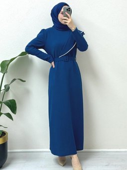 İndigo Taş İşlemeli Kemerli Krep Elbise