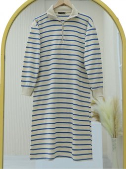 İndigo Yarım Boğazlı Yakası Fermuarlı Çizgili Tunik