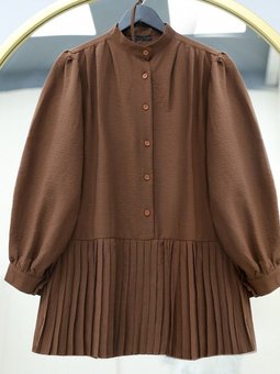 Kahve Beli Bağlamalı Yarım Düğmeli Pileli Tunik