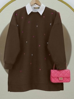 Kahve Bisiklet Yaka Kalp İşlemeli Yırtmaçlı Tunik