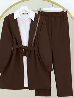 Kahve Yakası Metal Püsküllü Kemerli Ceket Pantolon İkili Takım