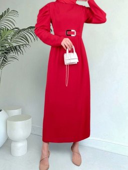 Kırmızı Karpuz Kol Tokalı Kemerli Elbise