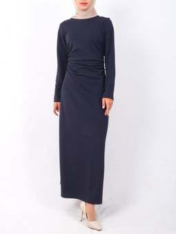 Lacivert Belden Büzgülü Örme Krep Likralı Elbise