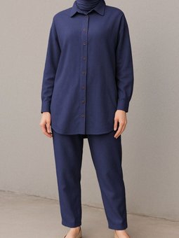 Lacivert Boydan Düğmeli Pantolon Gömlek Keten İkili Takım