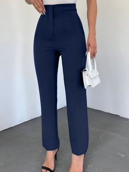 Lacivert Cep Detaylı Yüksek Bel Pantolon