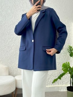 Lacivert Cepli Tek Düğmeli Likralı Ceket
