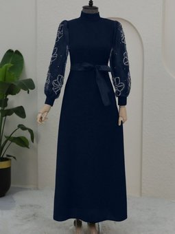 Lacivert Dik Yaka Organze Kol Taş Detaylı Abiye Elbise