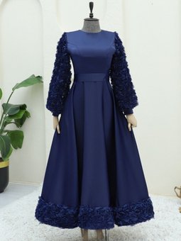 Lacivert Eteği Ve Kolları Gül Detaylı Saten Abiye Elbise