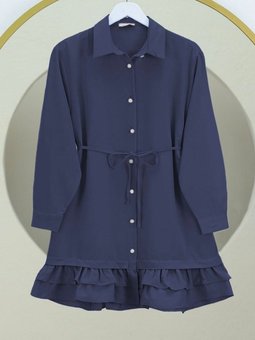 Lacivert Etek Ucu Katlı Fırfırlı Düğmeli Poplin Gömlek Tunik