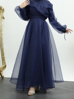 Lacivert Kolu Bağcıklı Hakim Yaka Simli Tül Abiye Elbise