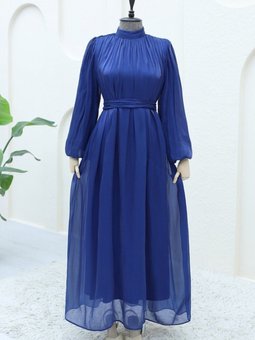 Lacivert Omuzdan Büzgülü Işıltı Kumaş Balon Kol Abiye Elbise