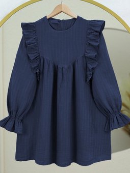 Lacivert Önü Fırfır Detaylı Kolu Lastikli Tunik