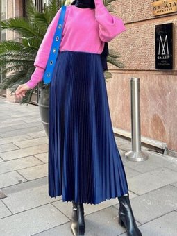 Lacivert Pliseli Beli Lastikli Etek