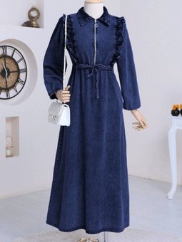 Lacivert Robadan Fırfırlı Belden Büzgü Kot Elbise