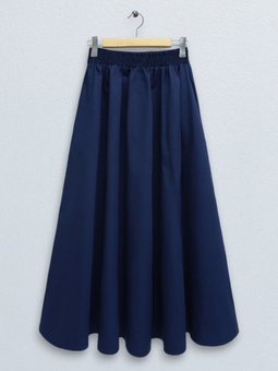 Lacivert Uzun Beli Lastikli Çift Cepli Poplin Kloş Etek