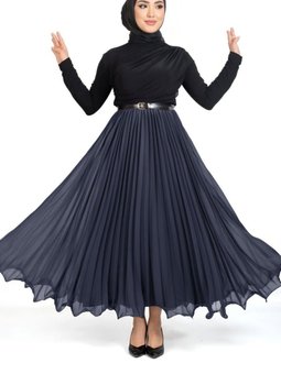 Lacivert Uzun Volanlı Beli Lastikli Şifon Pliseli Etek