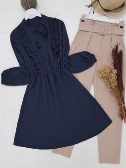 Lacivert Yakası Bağcıklı Fırfırlı Ayrobin Tunik