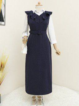 Lacivert Yakası Fırfırlı Çizgili Kemerli Jile Elbise