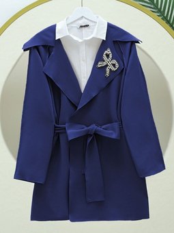 Lacivert Yakası Taş Armalı Kemerli Scuba Kimono