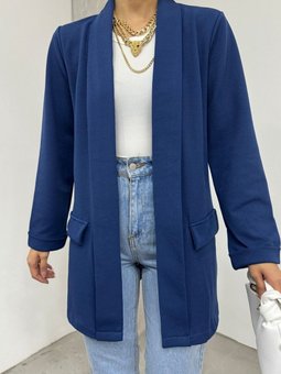 Lacivert Yakası Ve Kolu Katlamalı Cep Detaylı Krep Ceket