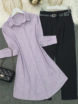 Lila Boydan Gizli Düğmeli Keten Tunik
