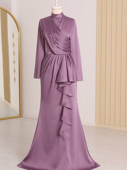 Lila Eteği Fırfırlı Önü Drapeli Saten Abiye Elbise