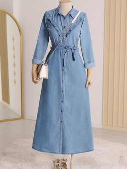 Mavi Boydan Düğmeli Beli Bağlamalı Kot Elbise