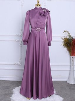 Mavi Broşlu Fiyonklu Taşlı Kemerli Saten Abiye Elbise