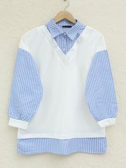 Mavi Çizgili Gömlek Detaylı Sweat Tunik