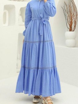 Mavi Eteği Fırfırlı Dantel Şerit Detaylı Elbise