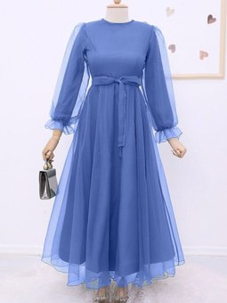 Mavi Kabarık Kol Ve Etekli Kuşaklı Tül Abiye Elbise