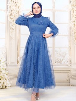 Mavi Kolu Lastikli Kuşaklı Simli Kabarık Tül Abiye Elbise