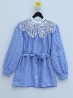 Mavi Organze Hakim Yaka Kuşaklı Çizgili Tunik