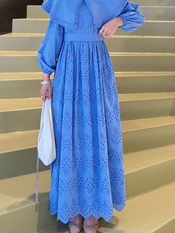 Mavi Pelerin Yaka Dantel Detaylı Elbise
