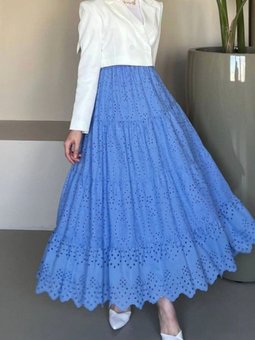 Mavi Uzun Fisto İşlemeli Katlamalı Etek