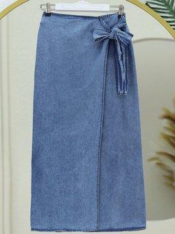 Mavi Uzun Önü Çift Katlı Yandan Bağlamalı Kot Etek