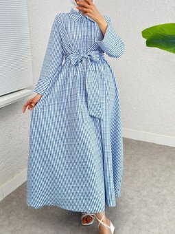 Mavi Yarım Düğmeli Beli Bağlamalı Çizgili Elbise