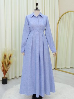 Mavi Yarım Düğmeli Beli Lastikli Keten Elbise