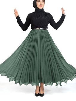 Mint Uzun Volanlı Beli Lastikli Şifon Pliseli Etek