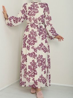 Mor Batik Baskılı Astarlı Şifon Elbise