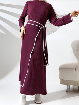 Mor Dik Yaka Örme Krep Beli Bağlamalı İki Parçalı Elbise