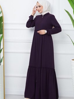 Mor Parçalı Kolu Lastikli Boydan Fermuarlı Ferace