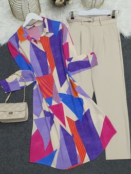 Mor Renkli Desenli Uzun Viskon Tunik