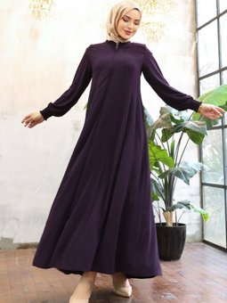 Mor Yan Cepli Boydan Fermuarlı Kolu Lastikli Ferace